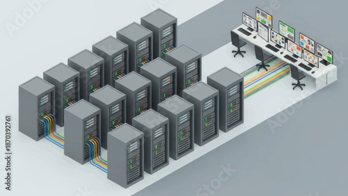 Data center server room with computer equipment and network infrastructure.