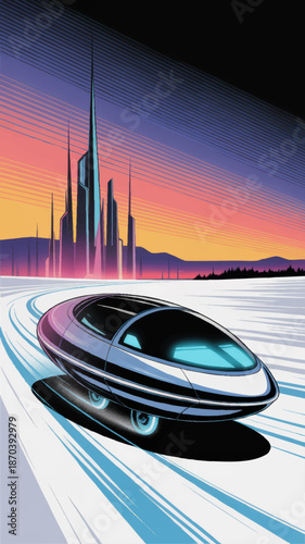 Futuristic flying car speeding on neon highway toward sci fi skyscraper city at colorful sunset, retro cyberpunk landscape illustration