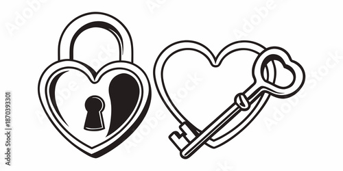A heart-shaped padlock and key illustration on a plain white background