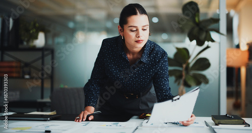 Photography Finance, review and woman in office with paper, funding ideas or data analysis for budget pitch