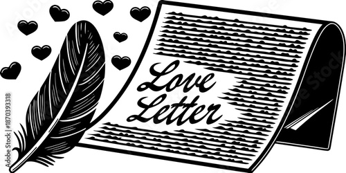 A black and white illustration of a love letter with a feather quill and hearts surrounding it