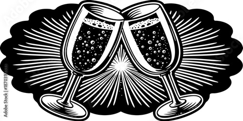 Two champagne flutes toasting with bubbly drinks in a celebratory atmosphere