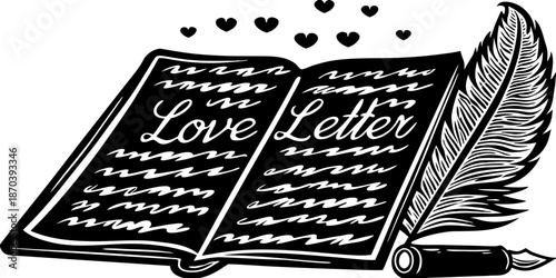 An open book with a love letter and a feather quill pen on a white background