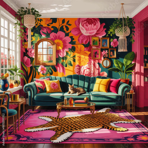 Vibrant floral living room interior with teal sofa, cat, tropical plants and bold colorful wall mural in sunny boho home decor