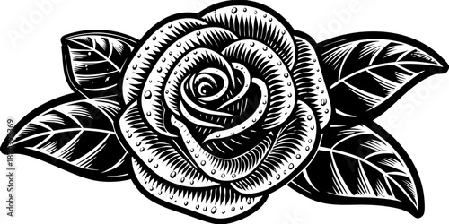 A black and white illustration of a rose with leaves, showcasing intricate details and shading techniques.