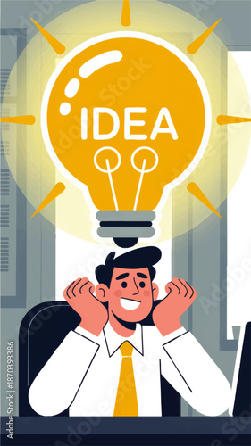 Happy businessman having creative idea at work, office worker with bright lightbulb inspiration concept, innovation and success illustration
