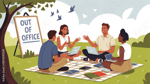 Diverse coworkers working outdoors with laptops on picnic blanket, out of office team meeting, hybrid work, remote collaboration concept