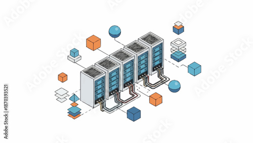 Isometric illustration of server racks and data storage components.