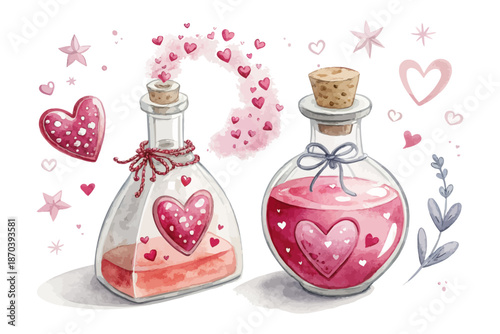 Watercolor Love Potion Bottle, Magical Valentine Element Illustration Isolated on White
