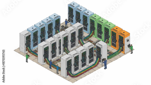 Data center server racks with colorful cable management system.