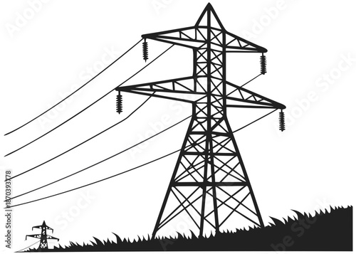 Large transmission tower with electrical power lines standing on a grassy terrain silhouette