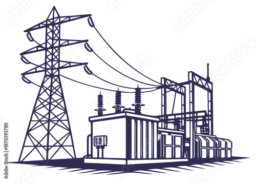 Power grid infrastructure with transmission towers, substation, and utility poles delivering electricity