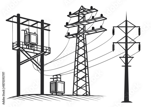 Essential components of an electricity transmission and distribution system on white Transparent Background