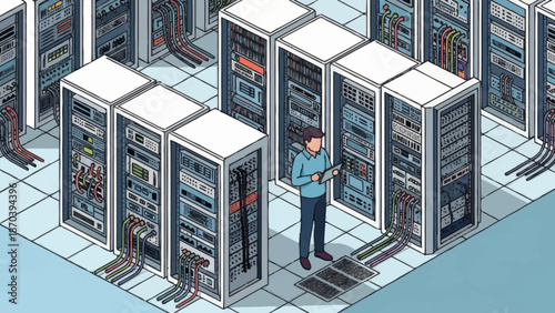 IT professional working on server in data center facility.