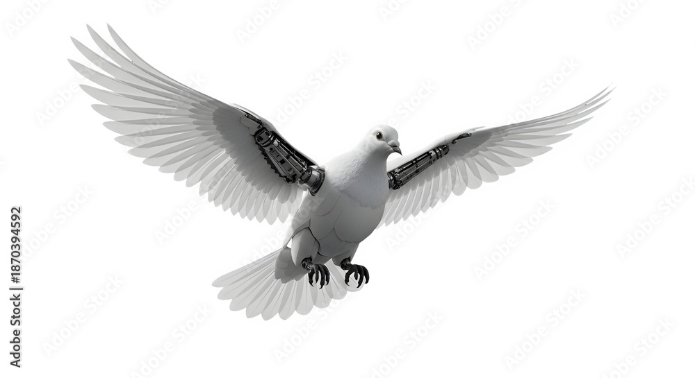 Fototapeta premium Majestic white dove with robotic wings in flight