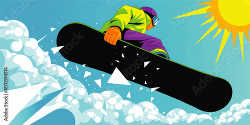 Extreme snowboard jump illustration of rider in colorful winter gear carving snow spray under bright sun and blue sky