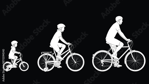 Cycling life stages silhouette showing child teenager and adult riding bicycles evolution fitness lifestyle family growth black vector illustration