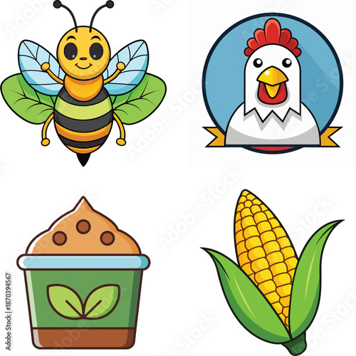 WebCute Agriculture and Farming Illustration Featuring Bee Pollination Icon, Farm Chicken Emblem, Organic Fertilizer Pot, and Fresh Corn Cob Representing Sustainable Agriculture, Crop Growth, Pollinat