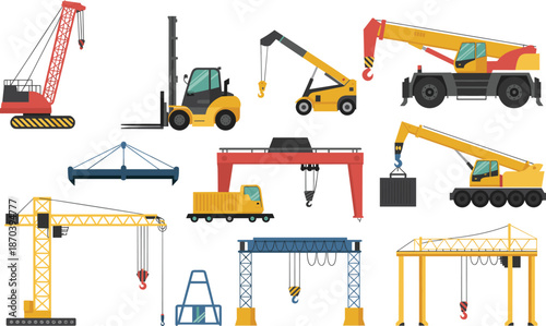 Construction lifting machinery illustration collection featuring cranes forklifts gantry hoists industrial heavy equipment flat vector engineering design