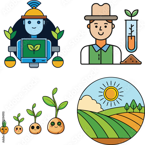 WebSmart Farming and Agricultural Innovation Icon Set Featuring AI Robot Farmer with Digital Plant Screen, Agricultural Scientist Testing Soil and Plant Growth, Crop Growth Stages Illustration, and Su