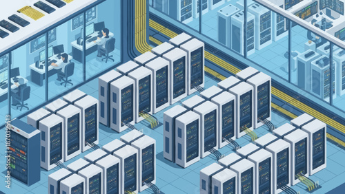 Data center server room with multiple computer servers and office space.