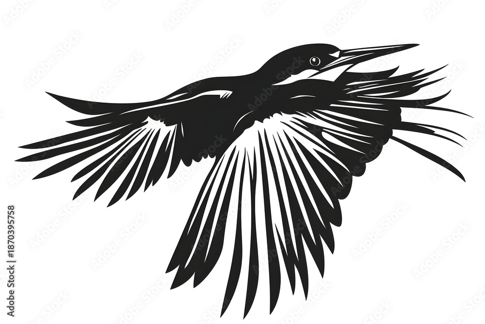 Obraz premium Soaring Silhouette: A striking silhouette of a kingfisher takes flight, its wings spread wide in graceful motion, against a minimalist backdrop.