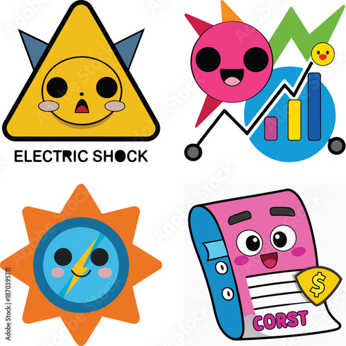 WebCute Electricity and Energy Concept Icon Set Featuring Cartoon Electric Shock Warning Sign, Power Growth Chart Illustration, Smiling Energy Meter Symbol, and Friendly Electricity Cost Bill Characte