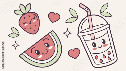 Cute cartoon fruits and bubble tea with smiling faces and hearts