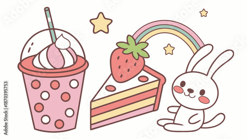 Cute bunny enjoying cake and bubble tea under rainbow