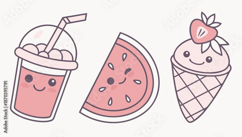 Cute cartoon summer treats with smiling faces