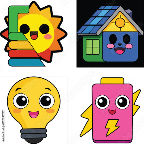 Cute Renewable Energy and Electricity Icon Set Featuring Happy Solar Energy Rating Symbol, Smiling Solar Powered House Illustration, Friendly Light Bulb Character, and Cartoon Battery Power Icon on Wh