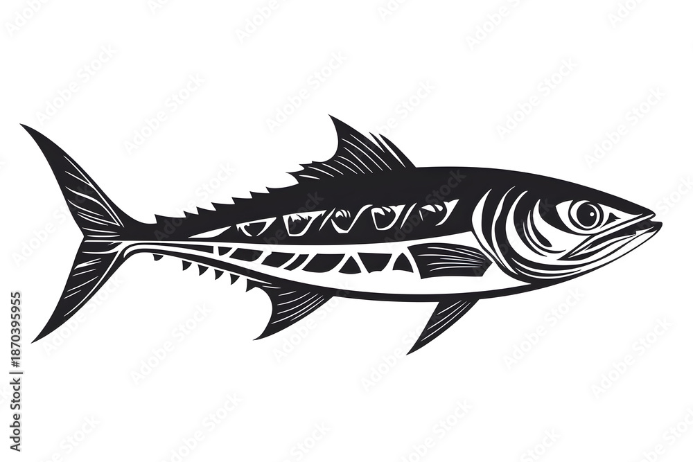 Obraz premium Intricate Tuna: A meticulously crafted, monochrome illustration of a tuna, showcasing its elegant form with detailed lines. 