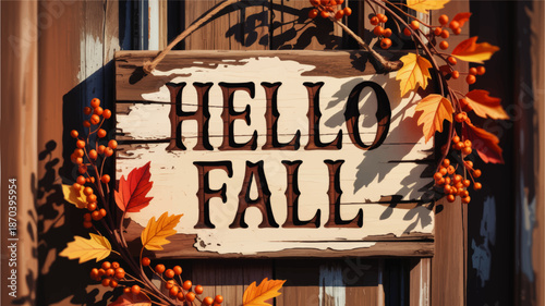 Rustic Hello Fall sign with autumn leaves and orange berries on wooden door, cozy seasonal harvest farmhouse decor background
