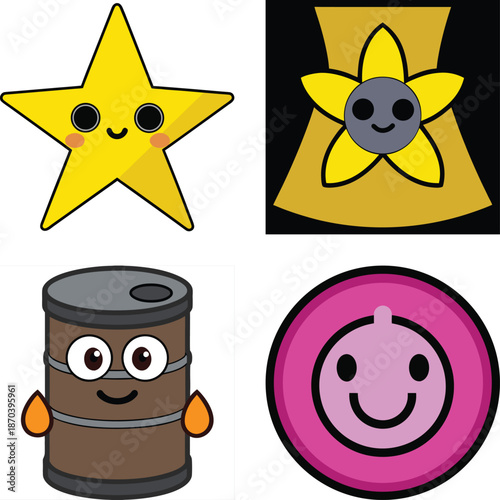 WebCute Energy and Power Icon Collection Featuring Smiling Star Character, Nuclear Energy Warning Symbol with Flower Face, Cartoon Oil Barrel Mascot, and Friendly Power Button Icon Representing Electr
