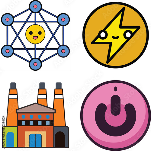 WebCute Energy and Electricity Icon Set Featuring Smiling Power Grid Network Symbol, Lightning Bolt Electric Energy Badge, Industrial Power Plant Factory Illustration, and Friendly Power Button Icon R