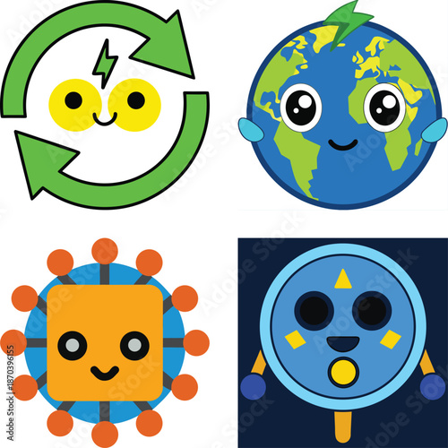 WebCute Renewable Energy and Sustainability Icon Set Featuring Smiling Energy Recycling Arrows Symbol, Friendly Earth Globe with Green Lightning Bolt, Cartoon Clean Energy Network Node, and Modern Eco