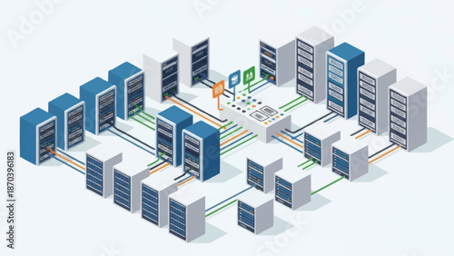 Data center network infrastructure with servers and connections.