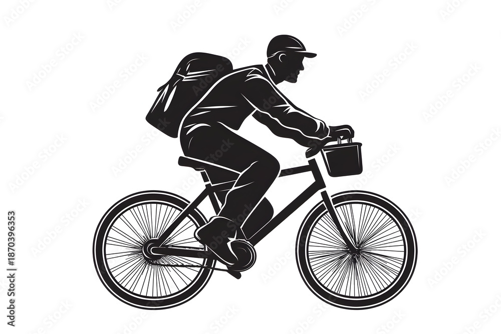 Naklejka premium Delivering Services: A monochrome illustration showcases a diligent delivery person on a bicycle, signifying swift and efficient service delivery.
