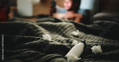 Cuadro en lienzo Lotion, tissues and man in bedroom for temptation, self pleasure and masturbation