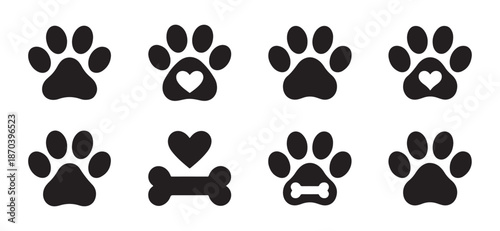 Vector set of creative dog paw print, bone and heart icons. Minimalist black silhouettes and graphic symbols for pet care branding, animal love, veterinary clinic, and puppy accessories. Isolated on w