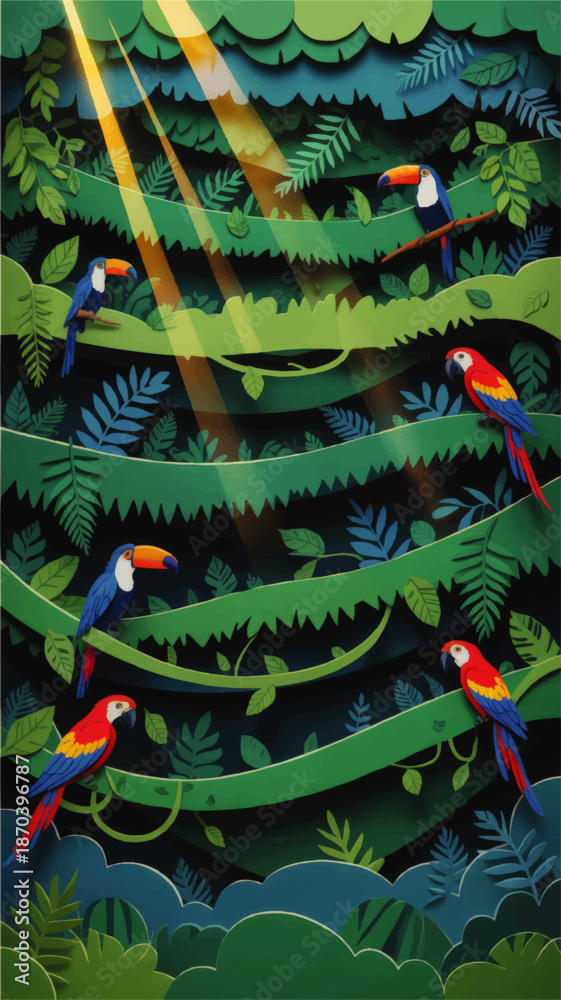 Naklejka premium Colorful tropical parrots and toucans in lush jungle foliage with sun rays, vibrant rainforest paper cut illustration background