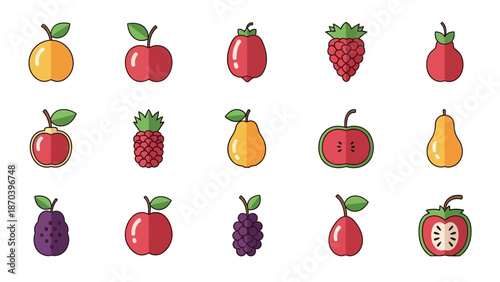 
Colorful Fruit Icons Set 3D Rendered Apple Strawberry Pear and Berries