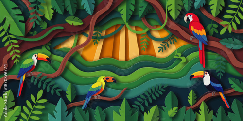 Tropical rainforest parrots and toucans on branches, vibrant jungle foliage and sunset, colorful paper cut style wildlife illustration