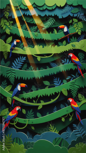 Colorful tropical parrots and toucans in lush jungle foliage with sun rays, vibrant rainforest paper cut illustration background