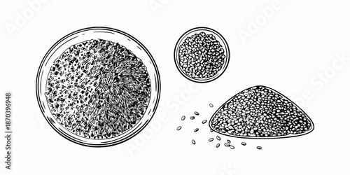 Sketch of chia seeds in different containers showcasing their texture and form
