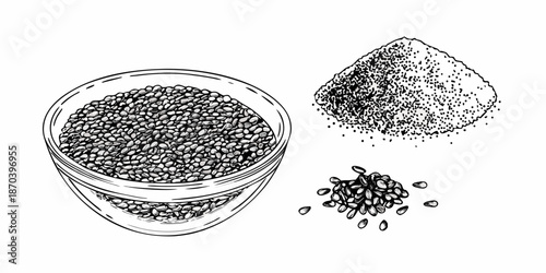 Ink sketch of black sesame seeds in a bowl and scattered around