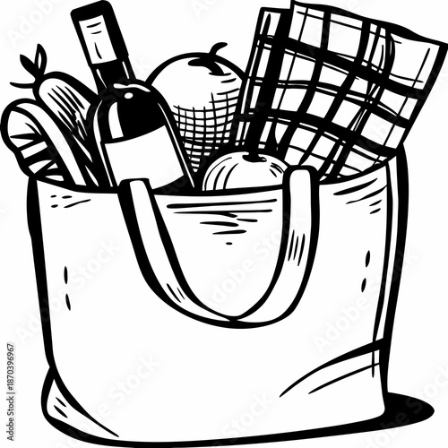 A sketch of a tote bag filled with groceries and fresh produce