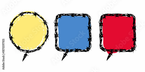 Three colorful speech bubbles in a hand drawn sketchy style are displayed