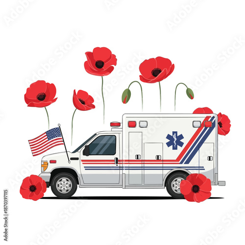 Patriotic emergency vehicle illustration with United States flag and vibrant red remembrance poppies, symbolizing national honor and dedicated service