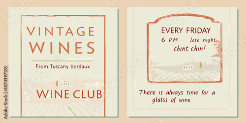 Vintage wine club promotional cards with details about friday late night events